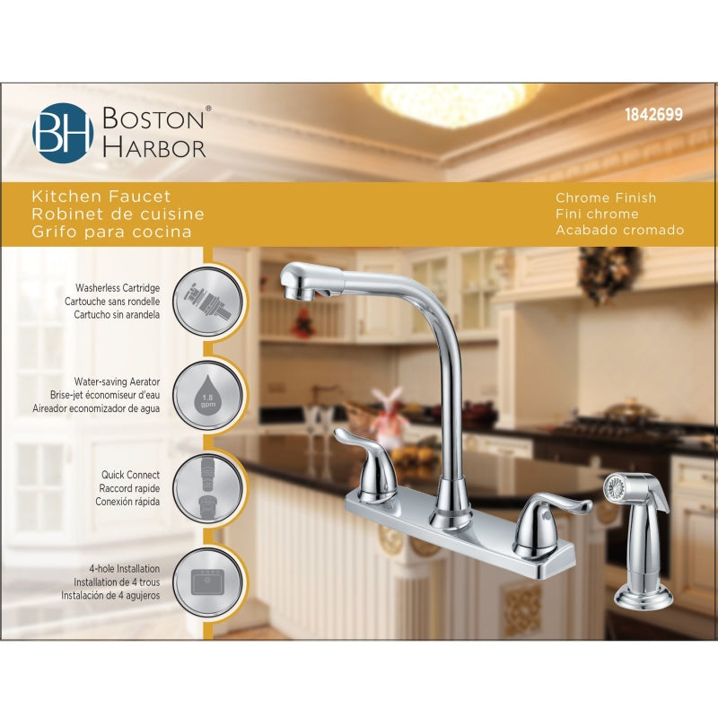 Boston Harbor F8F10036CP Kitchen Faucet, 1.8 gpm, 2-Handle, 4-Faucet Hole, Metal/Plastic, Chrome Plated
