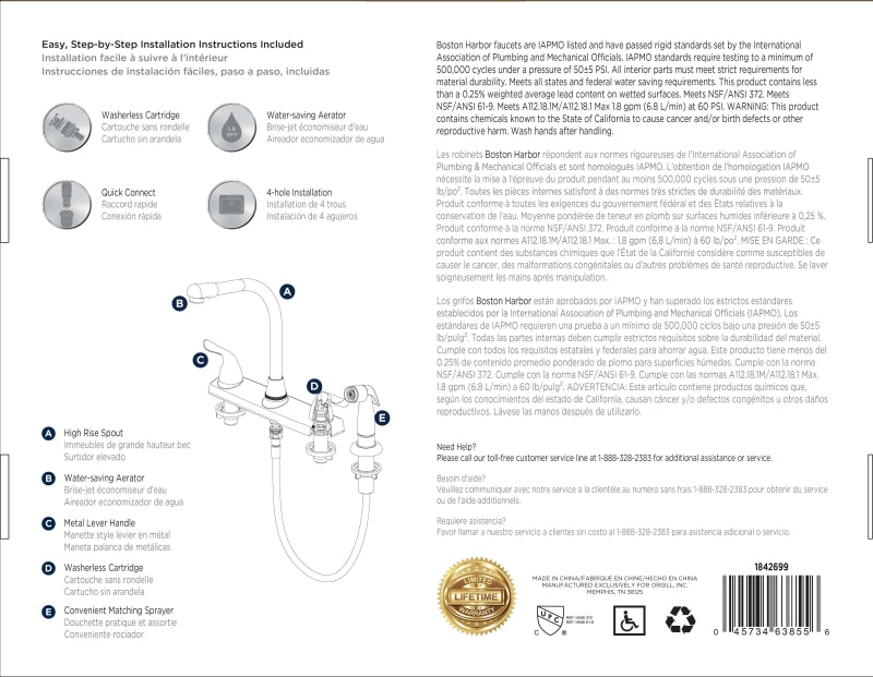 Boston Harbor F8F10036CP Kitchen Faucet, 1.8 gpm, 2-Handle, 4-Faucet Hole, Metal/Plastic, Chrome Plated