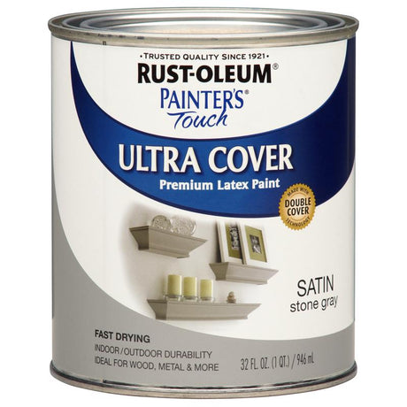 Rust-Oleum Painters Touch Satin Stone Gray Water-Based Ultra Cover Paint Exterior and Interior 1 qt, Pack of 2