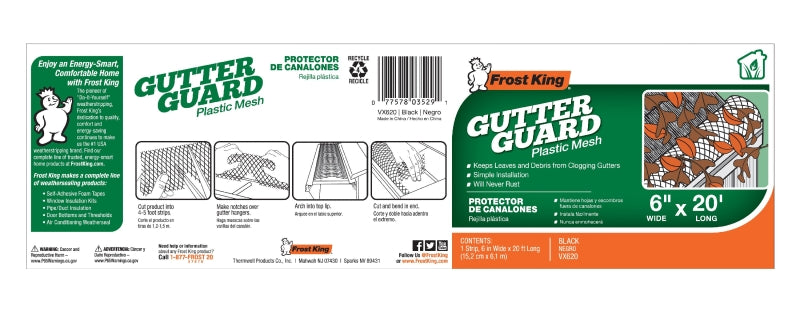 Frost King VX620 Gutter Guard, 20 ft L, 6 in W, Vinyl, Black
