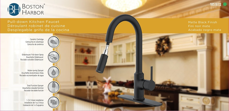 Boston Harbor FP4AF272BL Contemporary Pull-Down Kitchen Faucet, 1.8 gpm, 1-Handle, 1 or 3-Faucet Hole