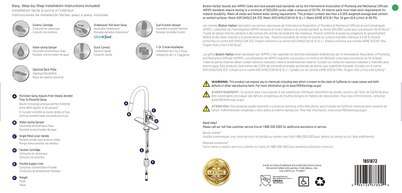 Boston Harbor FP4AF272BL Contemporary Pull-Down Kitchen Faucet, 1.8 gpm, 1-Handle, 1 or 3-Faucet Hole