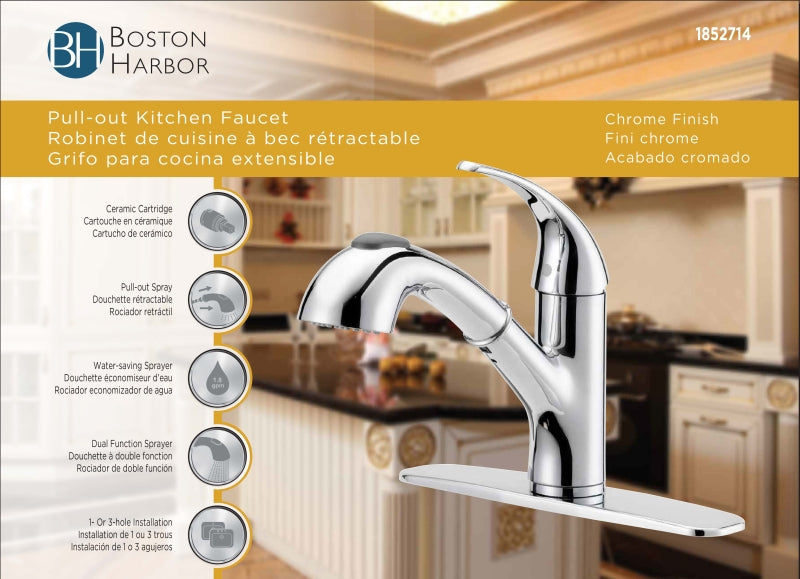 Boston Harbor FP4A4079CP Kitchen Faucet, 1.8 gpm, 1-Handle, 1, 3-Faucet Hole, Metal/Plastic, Chrome Plated