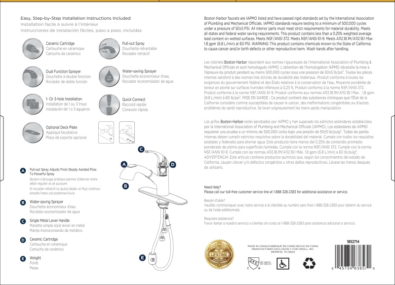 Boston Harbor FP4A4079CP Kitchen Faucet, 1.8 gpm, 1-Handle, 1, 3-Faucet Hole, Metal/Plastic, Chrome Plated