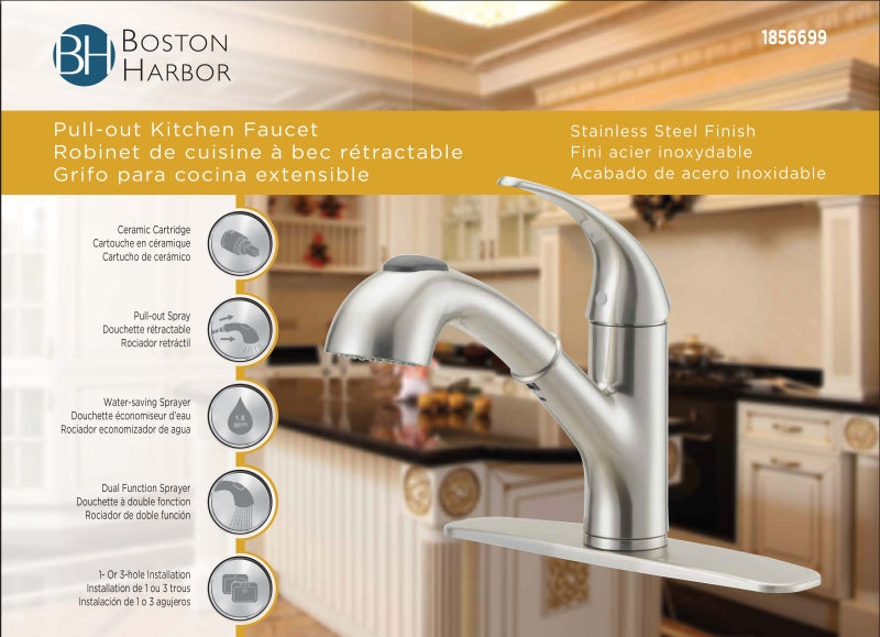 Boston Harbor FP4A4079NP Kitchen Faucet, 1.8 gpm, 1-Handle, 1, 3-Faucet Hole, Metal/Plastic, Stainless Steel