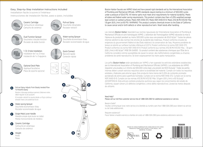 Boston Harbor FP4A4079NP Kitchen Faucet, 1.8 gpm, 1-Handle, 1, 3-Faucet Hole, Metal/Plastic, Stainless Steel