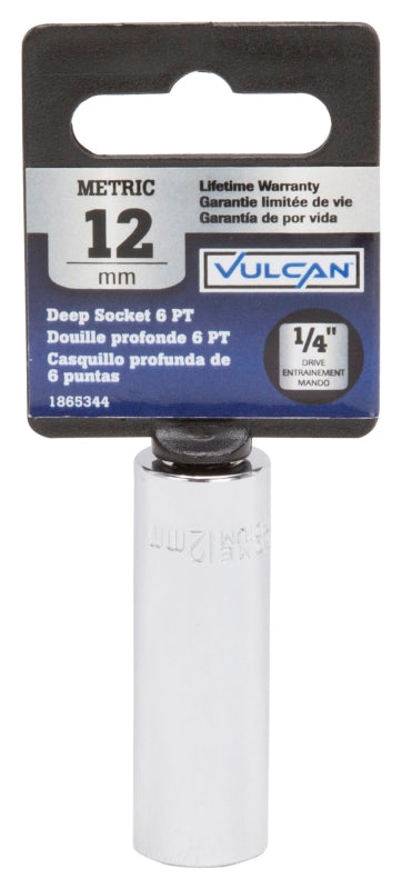Vulcan MT6487810 Drive Socket, 12 mm Socket, 1/4 in Drive, 6-Point, Chrome Vanadium Steel, Chrome