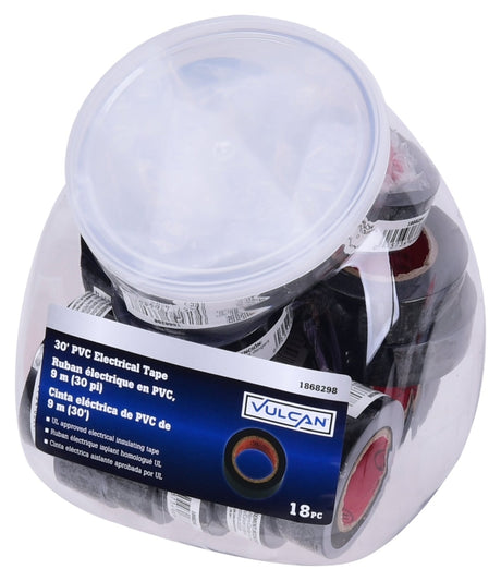 Vulcan W501D Electrical Tape, 30 ft L, 0.75 in W, PVC Backing, Black, Pack of 18