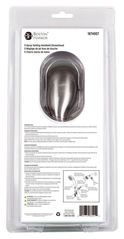 Boston Harbor S2254G22NP Handheld Shower Head, 1/2-14 NPT Connection, 1.75 gpm, 5 Spray Settings, 5 -Spray Function, PVC