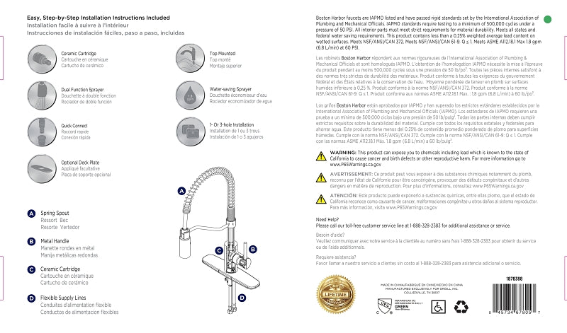 Boston Harbor FP4A0096CP Spring Pull-Down Kitchen Faucet, 1.8 gpm, 1-Handle, 1 or 3-Faucet Hole
