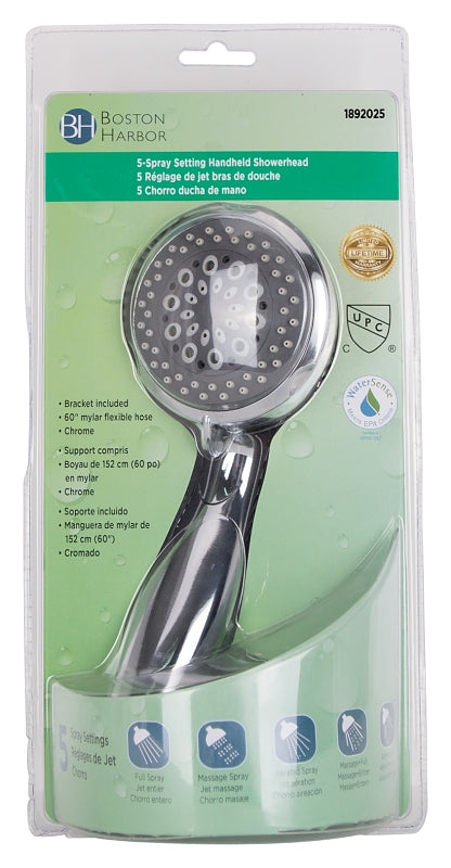 Boston Harbor S2254G22CP Hand-Held Shower Head, 1.75 gpm, 1/2-14 NPT Connection, Threaded, 5-Spray Function, PVC