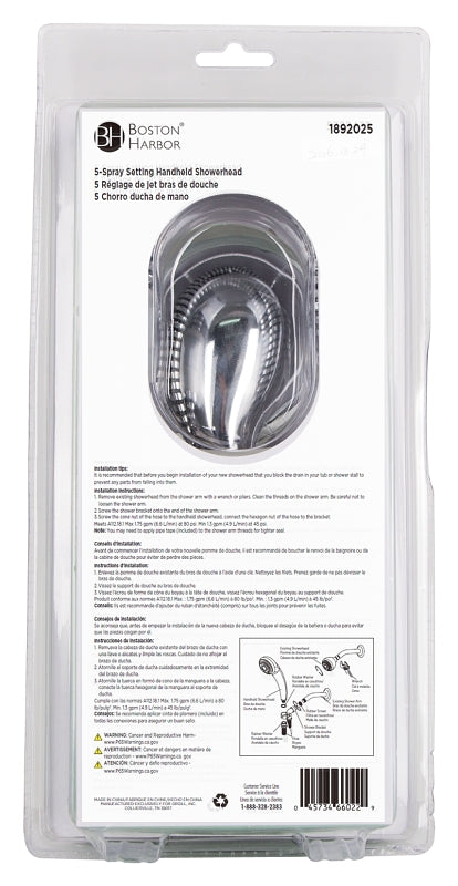 Boston Harbor S2254G22CP Hand-Held Shower Head, 1.75 gpm, 1/2-14 NPT Connection, Threaded, 5-Spray Function, PVC