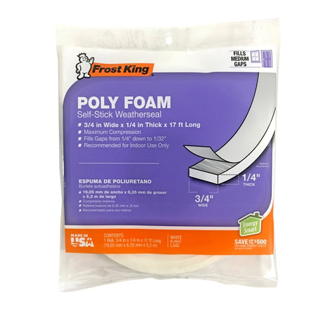 Frost King L342H Foam Tape, 3/4 in W, 17 ft L, 1/4 in Thick, Polyfoam, White