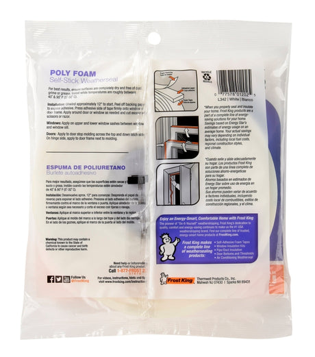 Frost King L342H Foam Tape, 3/4 in W, 17 ft L, 1/4 in Thick, Polyfoam, White