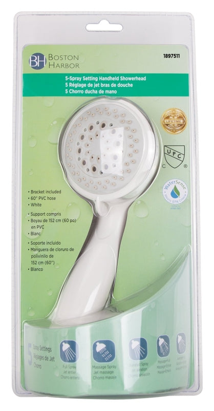 Boston Harbor S2254G22WH Hand-Held Shower Head, 1.75 gpm, 1/2-14 NPT Connection, Threaded, 5-Spray Function, PVC, White