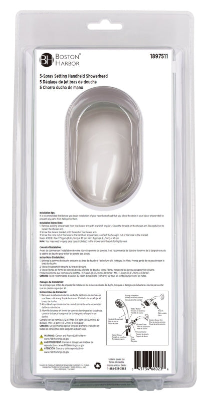 Boston Harbor S2254G22WH Hand-Held Shower Head, 1.75 gpm, 1/2-14 NPT Connection, Threaded, 5-Spray Function, PVC, White