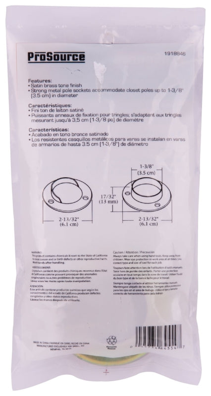 ProSource Closet Pole Socket, Steel, Satin Brass