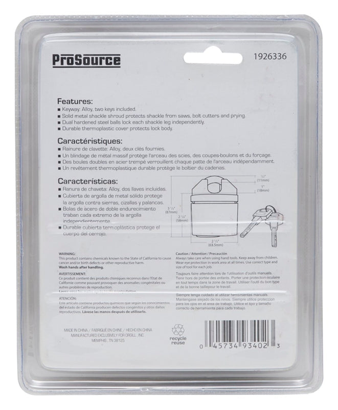ProSource HD-PX065 High Security Padlock, Shrouded Shackle, 1/2 in Dia Shackle, 1-1/2 in H Shackle, Steel Shackle, Black
