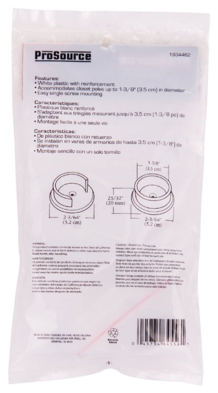 ProSource 23701PHX-PS Closet Pole Socket, Plastic, White