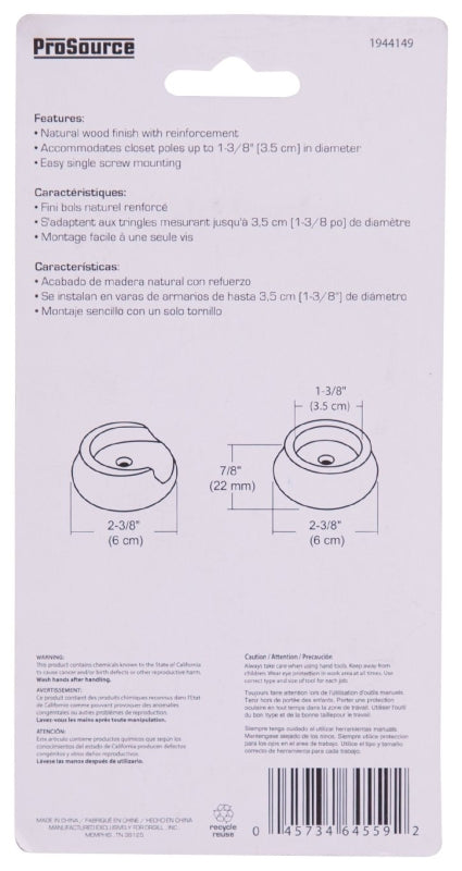 ProSource CL-P01-PS Closet Pole Socket, Wood