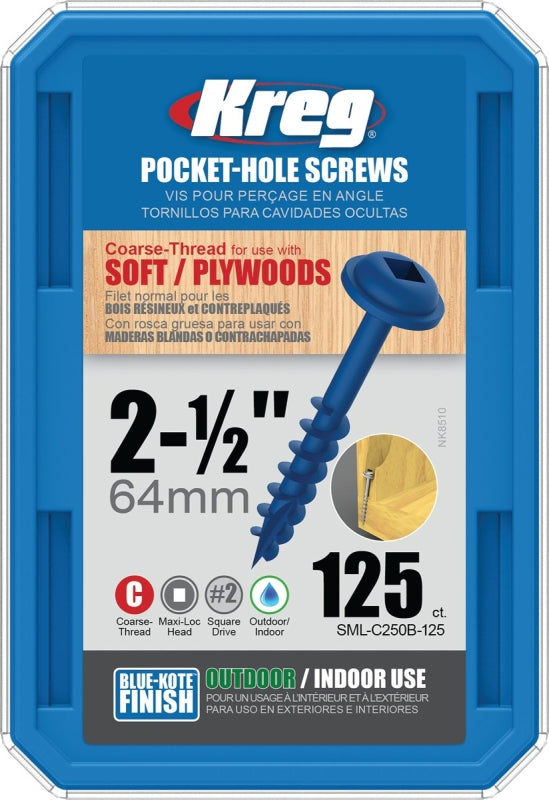 Kreg Blue-Kote SML-C250B-125 Pocket-Hole Screw, #8 Thread, Coarse Thread, Square Drive, Carbon Steel, 125/PK