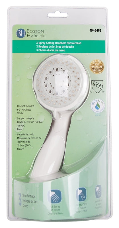 Boston Harbor HS00813WH Shower Head, 1.75 (6.6) 80 gpm (L/MIN) psi, 1/2-14 NPT Connection, Threaded, 3-Spray Function