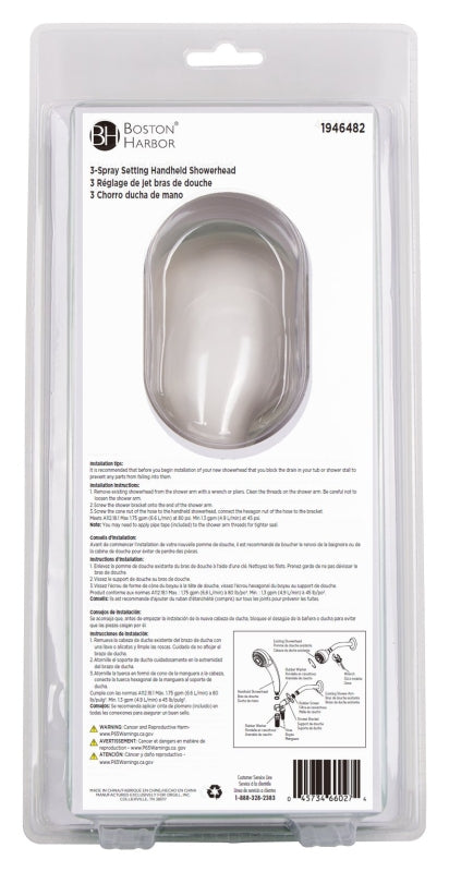 Boston Harbor HS00813WH Shower Head, 1.75 (6.6) 80 gpm (L/MIN) psi, 1/2-14 NPT Connection, Threaded, 3-Spray Function