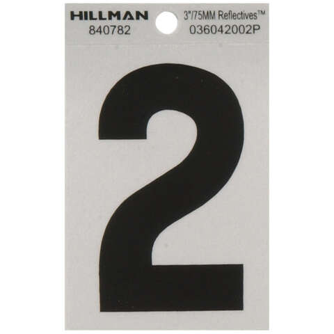 HILLMAN 3 in. Reflective Black Vinyl Self-Adhesive Number 2 1 pc, Pack of 6