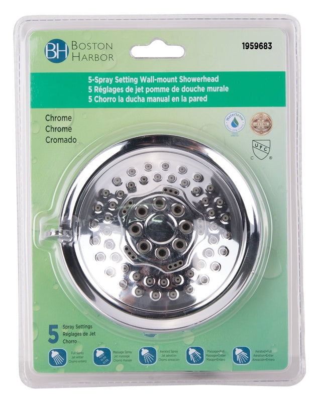Boston Harbor S1254H00CP Shower Head, 1.75 gpm, 1/2-14 NPT Connection, Threaded, 5-Spray Function, ABS, Chrome