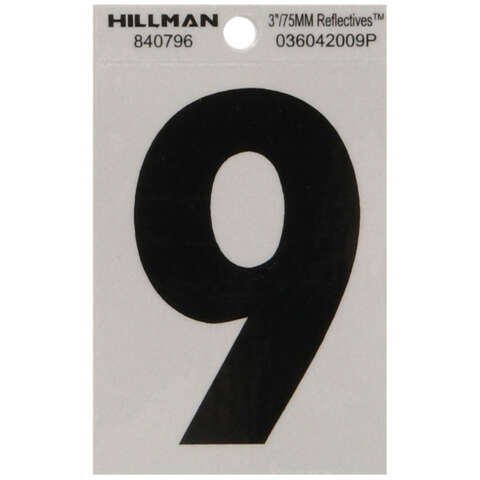 HILLMAN 3 in. Reflective Black Vinyl Self-Adhesive Number 9 1 pc, Pack of 6