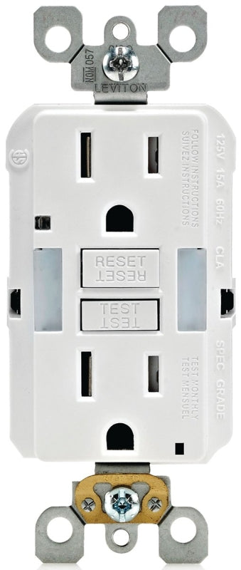 Leviton R92-GFNL1-00W GFCI Duplex Receptacle with Guide Light, Thermoplastic, White, 2-Pole, 15 A, 125 V, NEMA: 5-15R
