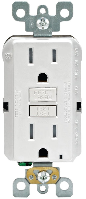 Leviton R92-GFTR1-0KW GFCI Duplex Receptacle, Metal/Plastic, White, 2-Pole, 15 A, 125 V, Back, Side Wiring