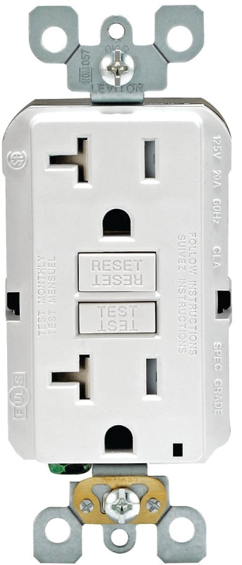 Leviton R92-GFTR2-0KW GFCI Duplex Receptacle, Polycarbonate, White, 2-Pole, 20 A, 125 V, Back, Side Wiring, 60 Hz