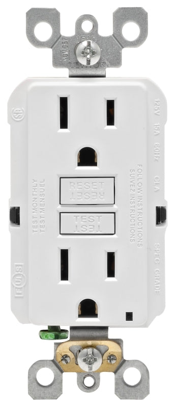 Leviton R02-GFNT1-0KW GFCI Duplex Receptacle, Polycarbonate, White, 2-Pole, 15 A, 3-Wire, Back, Side Wiring