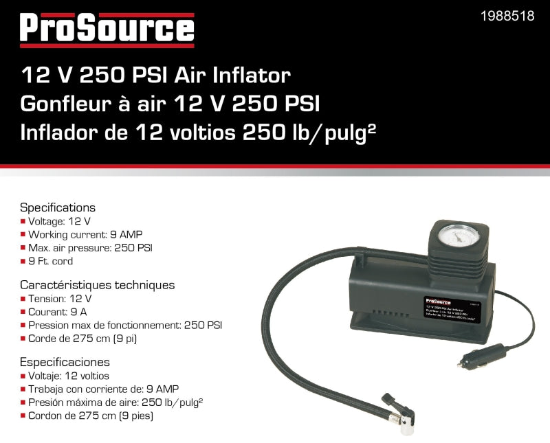 ProSource TPG-ACR250PSI3L Air Compressor, Tool Only, 12 V, 250 psi Pressure, 15 Lpm Air