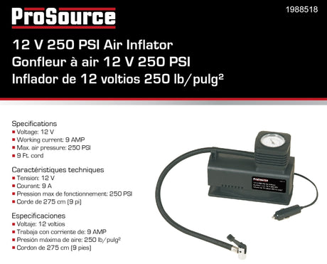 ProSource TPG-ACR250PSI3L Air Compressor, Tool Only, 12 V, 250 psi Pressure, 15 Lpm Air