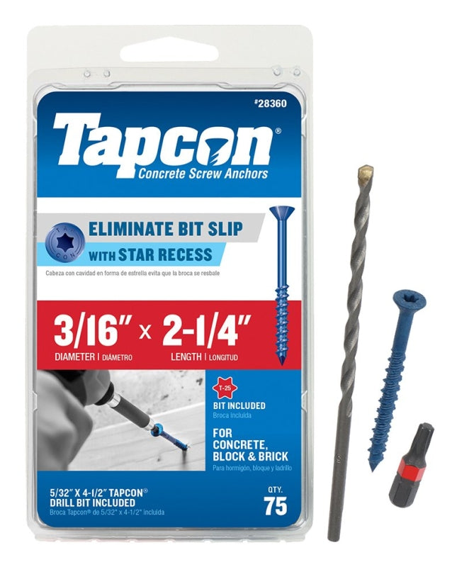 Tapcon 28360 Concrete Screw Anchor, T25 Screw, 3/16 in Dia, 2-1/4 in L, Steel, Climaseal, 75/PK