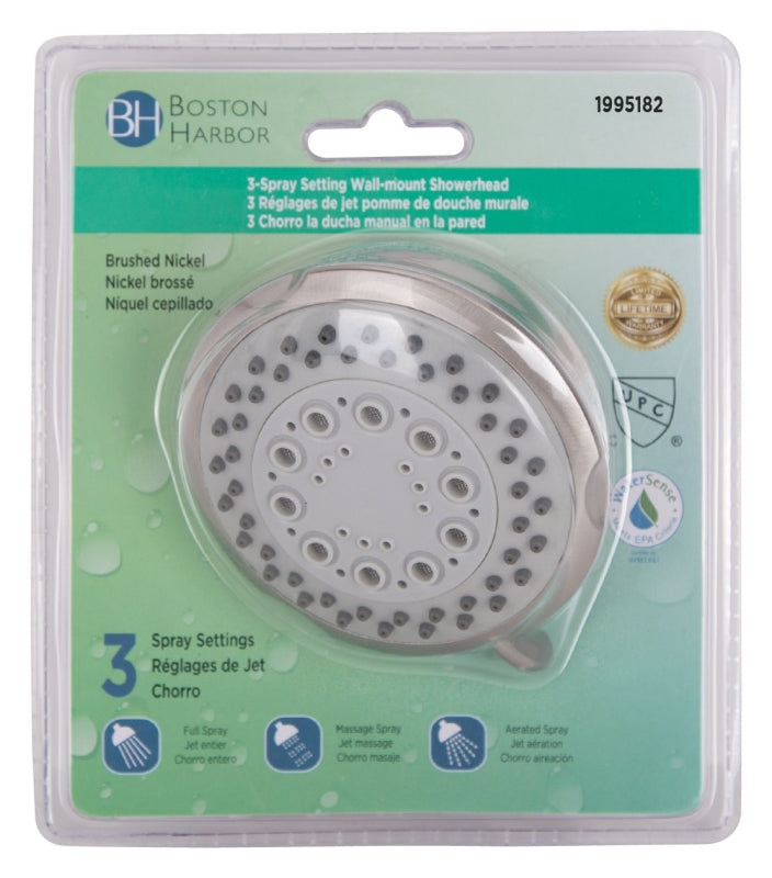 Boston Harbor TS02213NP Shower Head, 1.75 gpm, 1/2-14 NPT Connection, Threaded, 3-Spray Function, Plastic, 3-5/8 in Dia