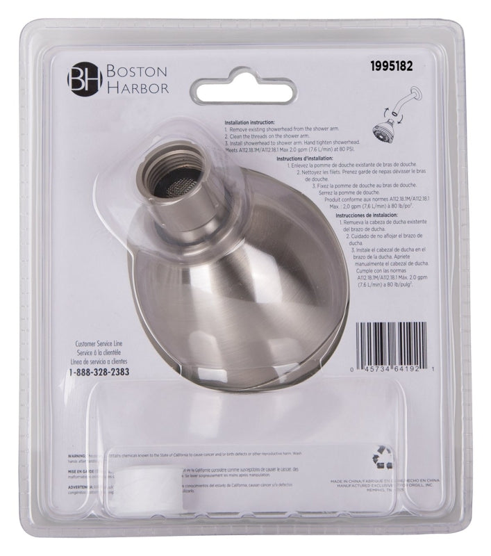 Boston Harbor TS02213NP Shower Head, 1.75 gpm, 1/2-14 NPT Connection, Threaded, 3-Spray Function, Plastic, 3-5/8 in Dia