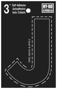 Hy-Ko 30400 Series 30420 Die-Cut Letter, Character: J, 3 in H Character, Black Character, Vinyl, Pack of 10