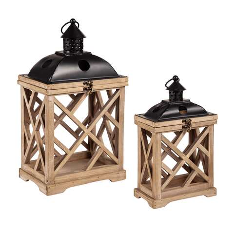 Meadow Creek Two Mantle Metal/Wood Hurricane Black/Brown Lantern, Pack of 2