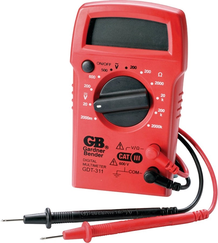 Gardner Bender GDT-311 Multimeter, 2 mOhm, 500 VAC, 600 VDC, 2 MOhm, Digital, LCD Display, Red