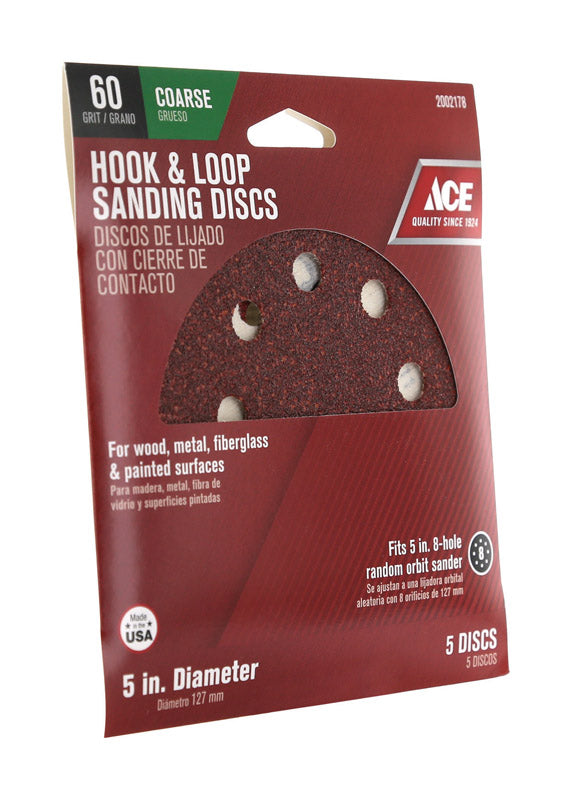 Ace 5 in. Aluminum Oxide Hook and Loop Sanding Disc 60 Grit Coarse 5 pk, Pack of 5
