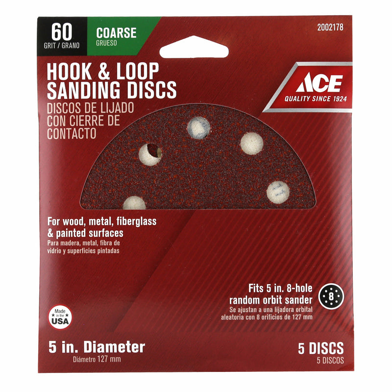 Ace 5 in. Aluminum Oxide Hook and Loop Sanding Disc 60 Grit Coarse 5 pk, Pack of 5