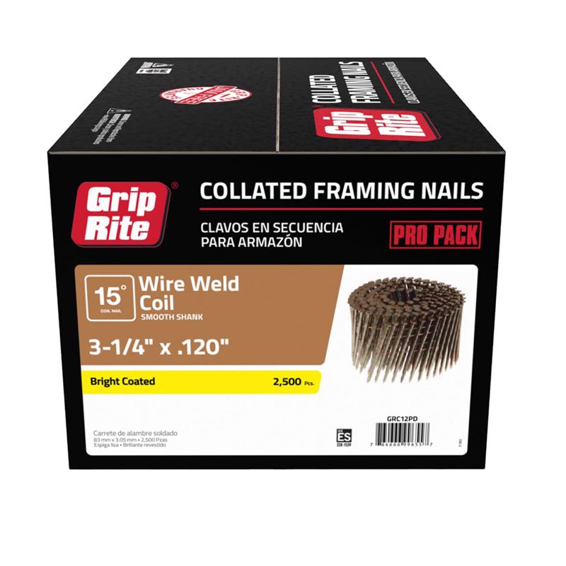 Grip-Rite 3-1/4 in. L X 11 Ga. Angled Strip Bright Framing Nails 15 deg 2500 pk