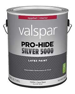 Valspar Pro-Hide 028.0072004.007 Silver 5000 Interior Paint, Water Base, Eggshell Sheen, Clear, 1 gal, Metal Pail, Pack of 4