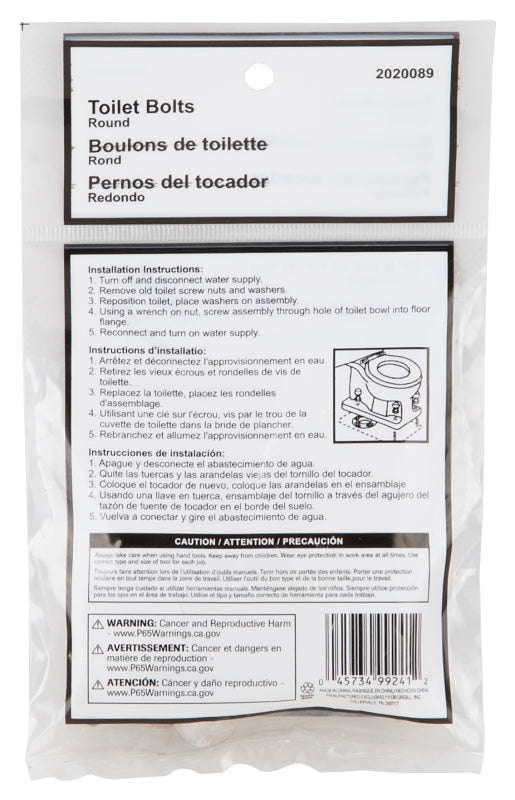 ProSource 70490-3L Bolt Set, Steel, Brass, For: Use to Attach Toilet to Flange