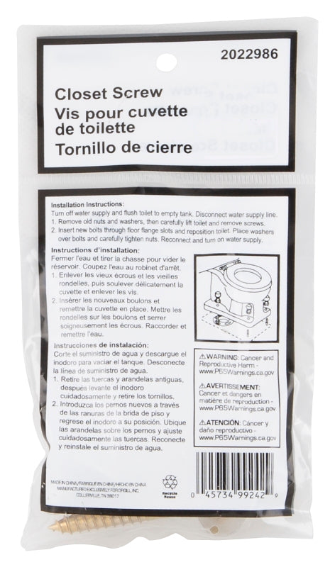 ProSource 24448-3L Screw Set, Brass, Brass, For: Use to Attach Toilet to Flange