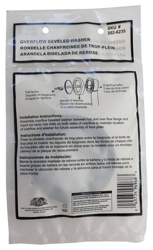 ProSource PMB-124 Overflow Washer, 3-1/4 in OD, 2-1/4 in ID and 15 mm H, 6 mm H, 3-1/4 in Dia, 13 mm Thick