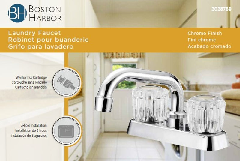 Boston Harbor FL010003CP Laundry Faucet, 2 gpm, 2-Handle, 3-Faucet Hole, Metal/Plastic, Chrome Plated